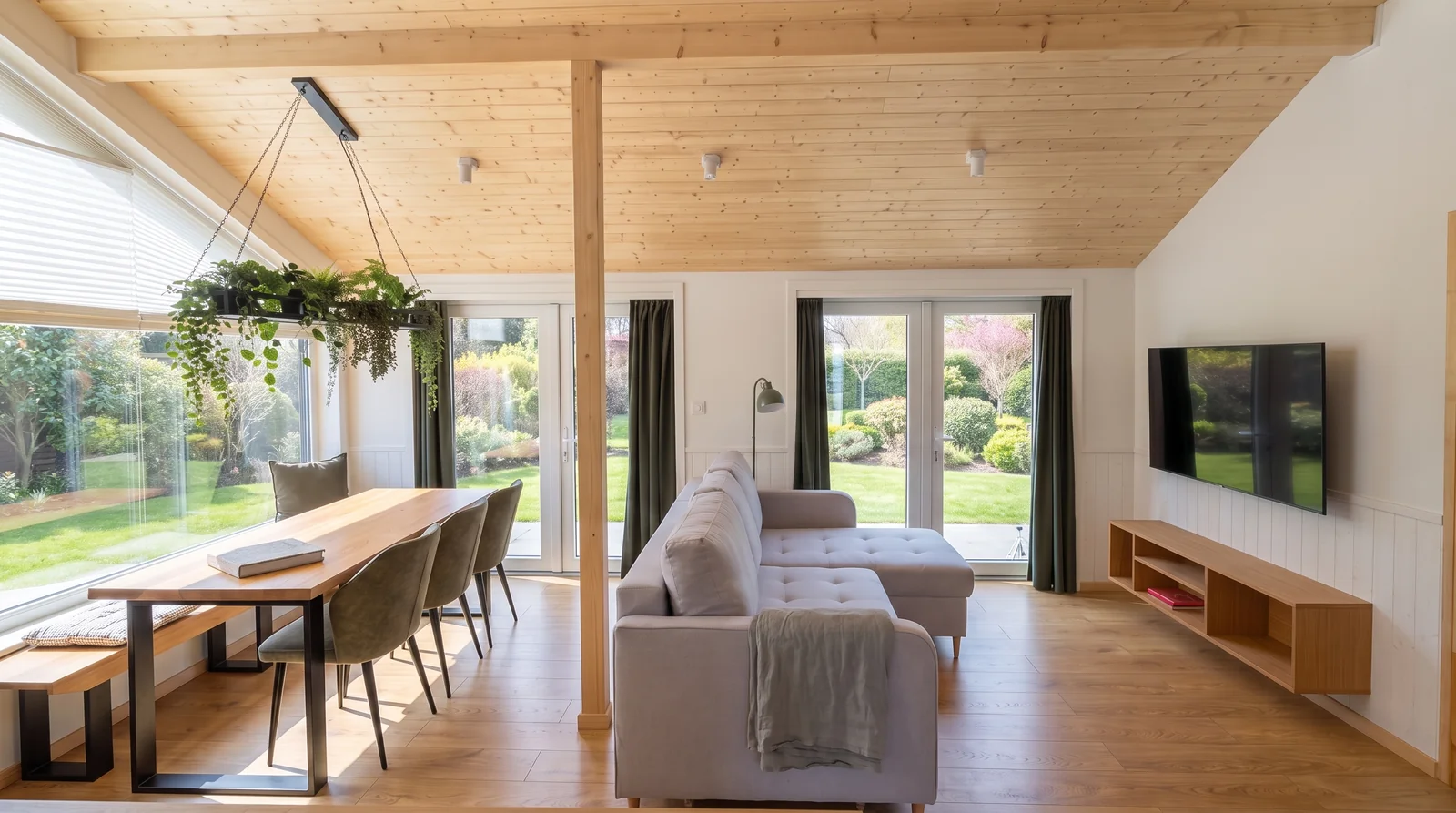 Evergreen Wohn- und Essbereich mit Holzdecke, grauem Sofa und großen Fenstern.
