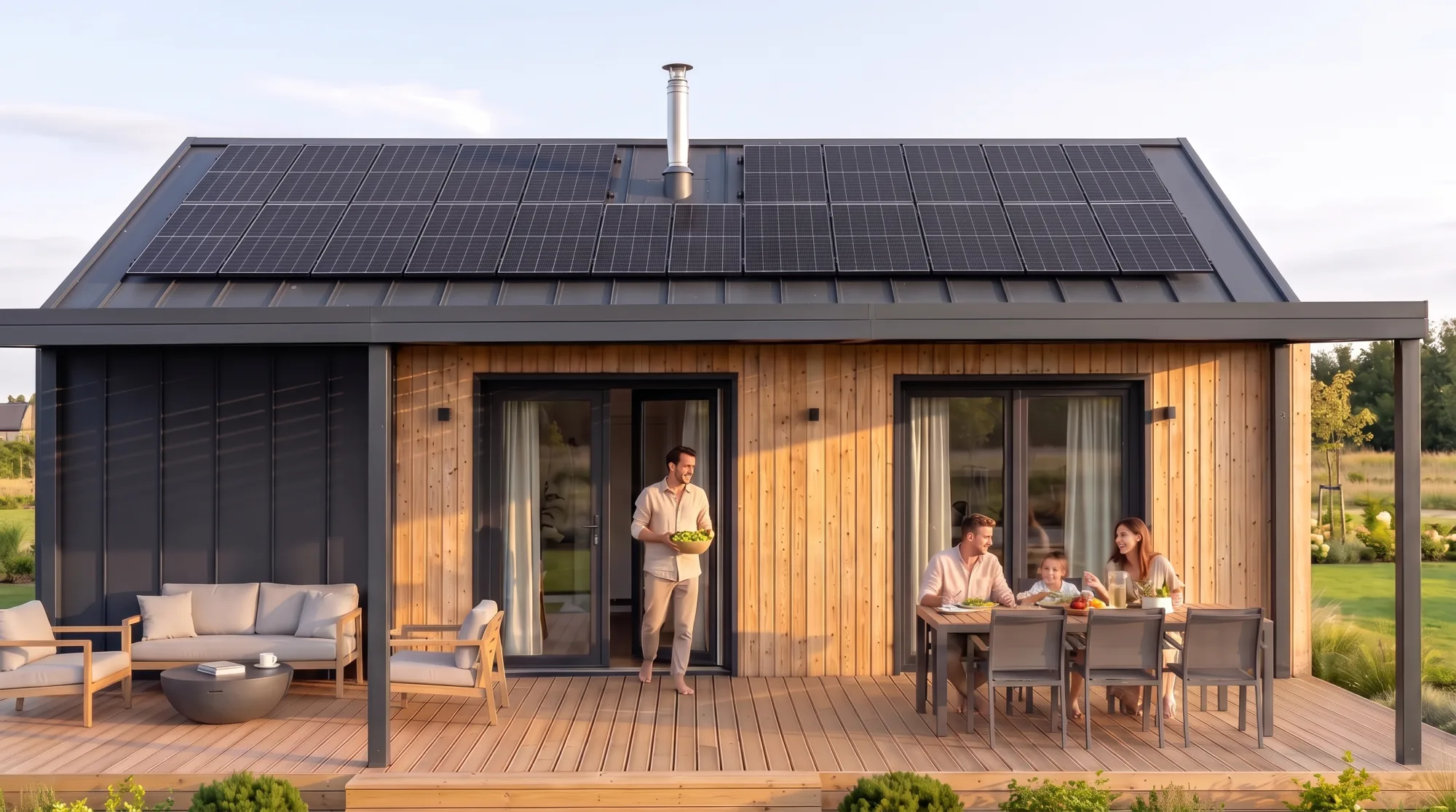 Evergreen mit Aluminiumterrasse und einzelnen Photovoltaikmodulen als Konzeptvisualisierung