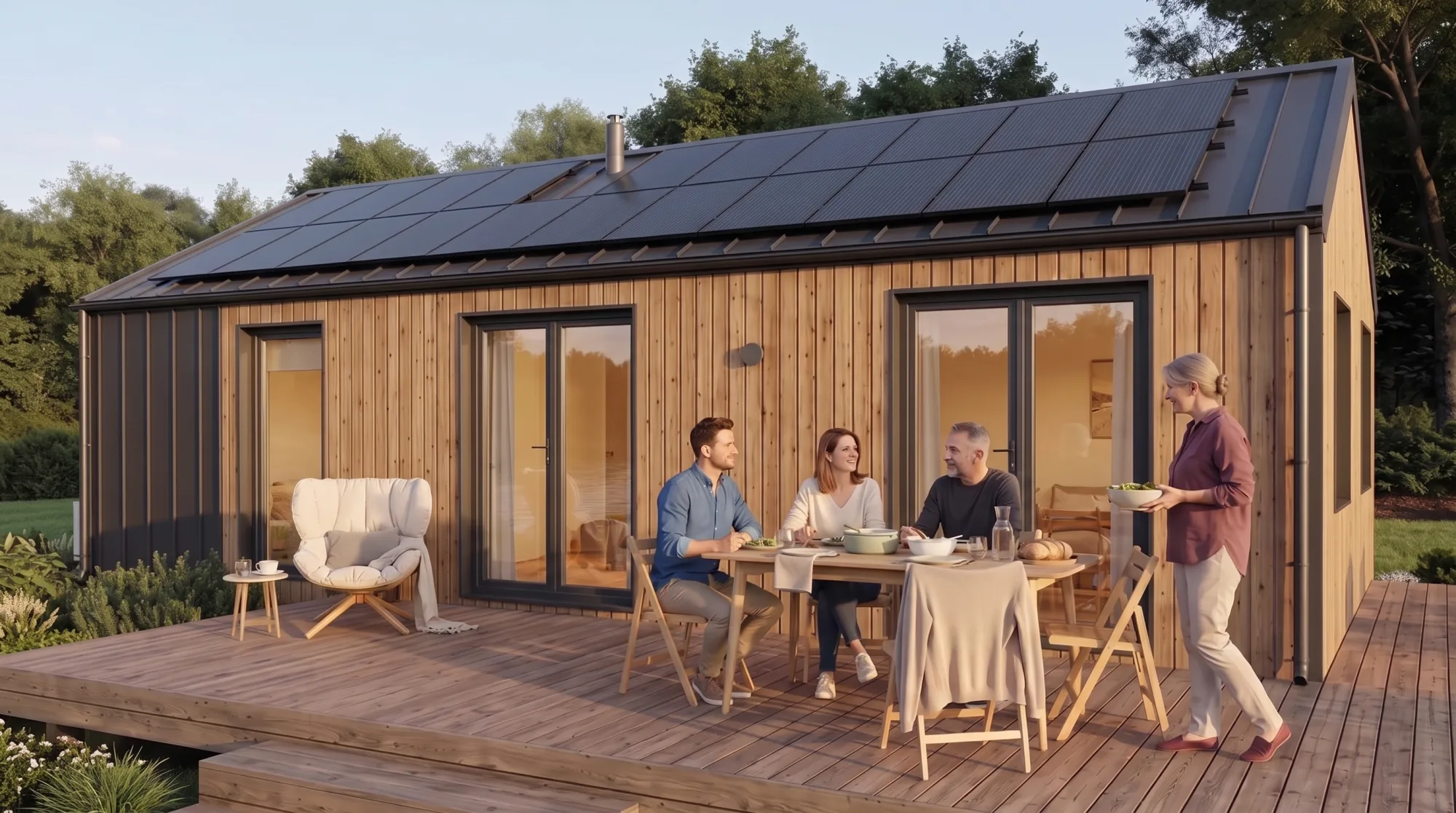 Evergreen XL mit drei bodentiefen Gartenöffnungen und Photovoltaik als Konzeptvisualisierung