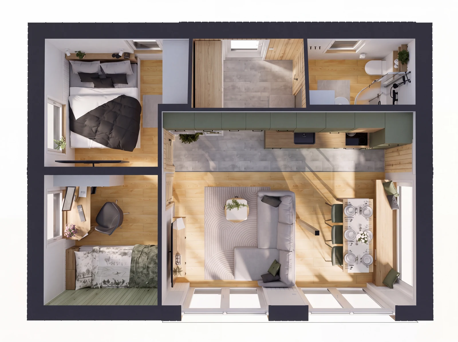 Grundriss Evergreen: zwei Schlafzimmer links, Eingang und Bad oben, offene Küche und Wohn-Essbereich rechts
