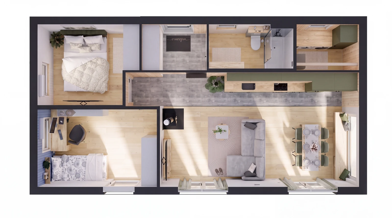 Grundriss Evergreen XL: zwei Schlafzimmer links, Eingang, Bad und Hauswirtschaftsraum oben, offene Küche und großer Wohn-Essbereich rechts
