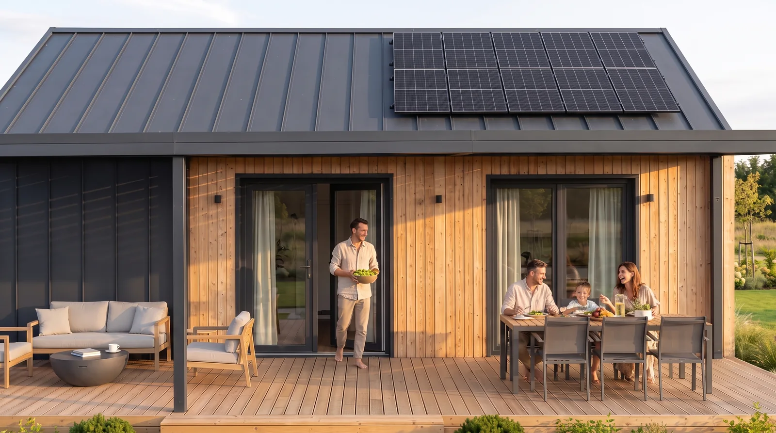 Familie am Tisch unter der vollbreiten anthrazitfarbenen Aluminiumterrasse vor Evergreen mit Photovoltaik