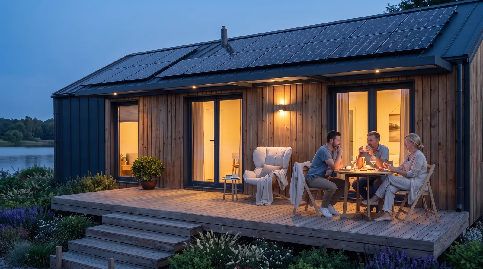 Freunde im Abendlicht auf der Terrasse vor Evergreen XL mit Photovoltaikanlage und schmalem beleuchtetem Vordach
