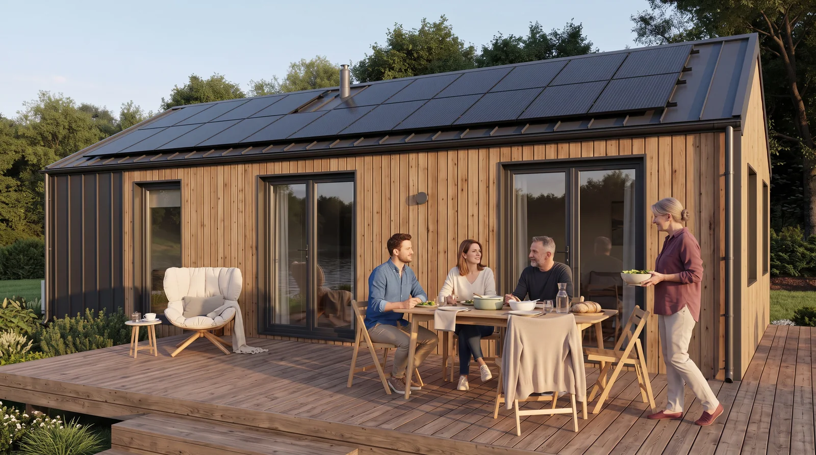 Erwachsene unterhalten sich auf der Terrasse vor Evergreen XL mit optionalen Solarpanels auf dem Dach