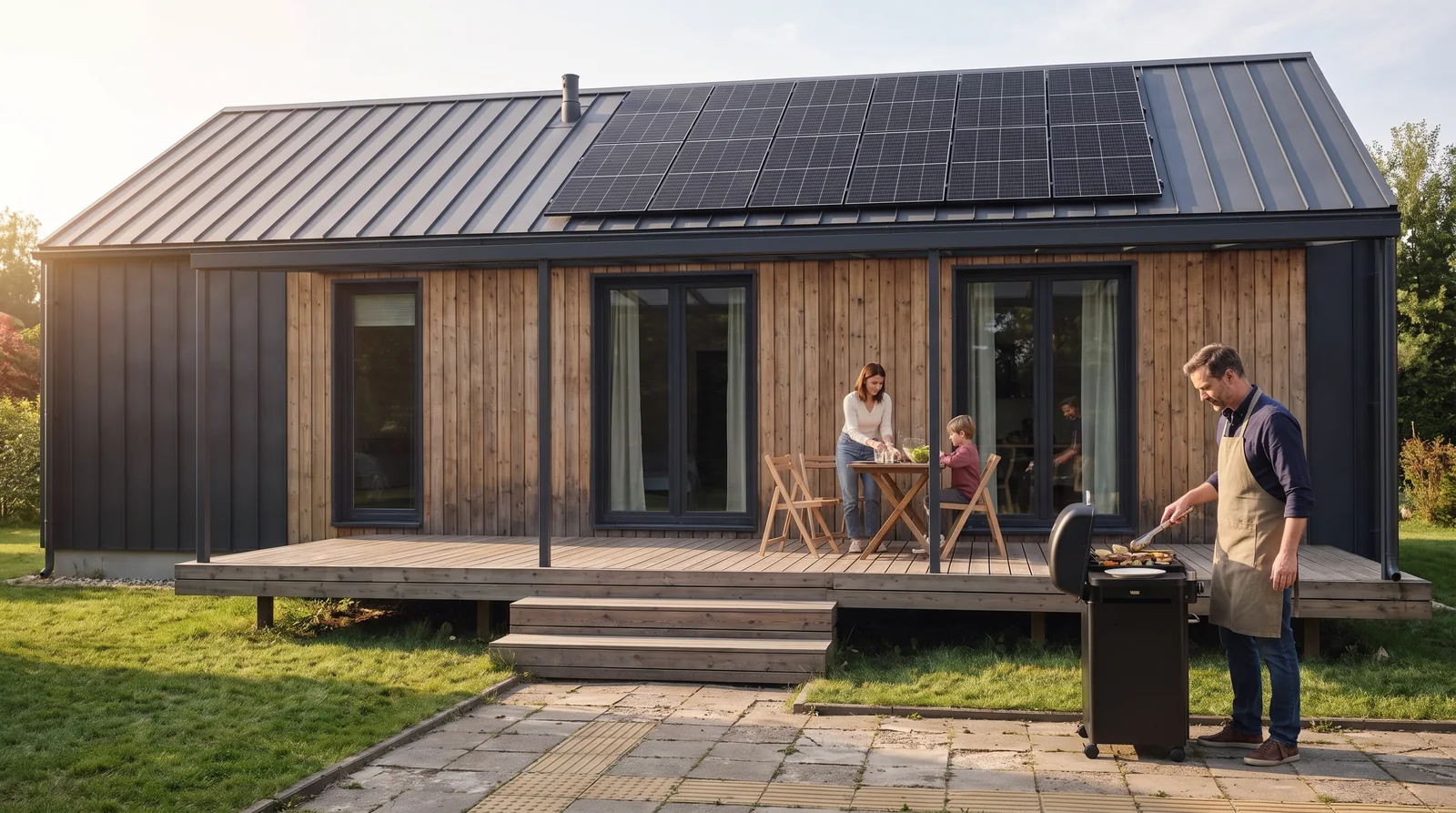 Familie auf der Aluminiumterrasse und Mann am Grill außerhalb der Überdachung vor Evergreen XL mit Solarpanels