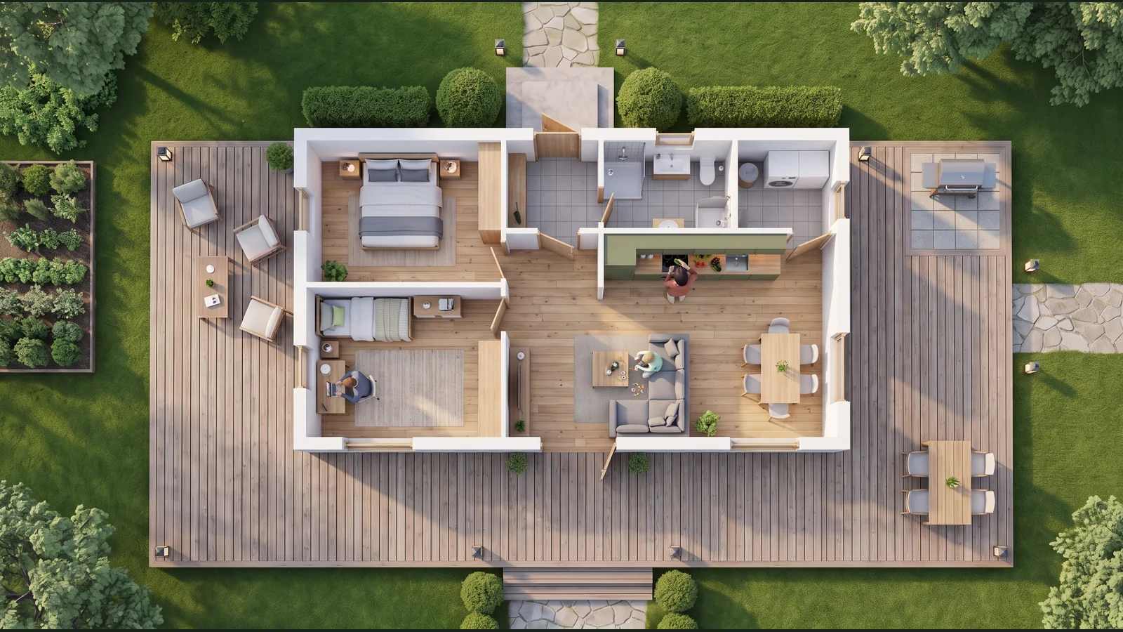 Evergreen XL von oben: Familie in Küche und Wohnbereich, mit umlaufender U-Terrasse