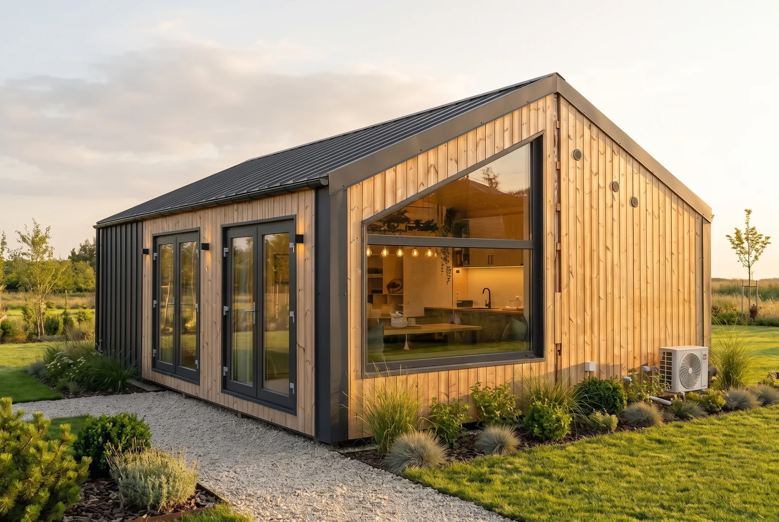 Evergreen mit Holzfassade, anthrazitfarbenem Satteldach und Giebelverglasung