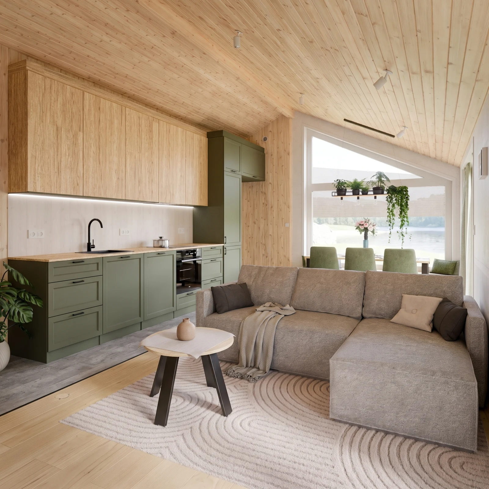 Visualisierter Wohn- und Küchenbereich im Evergreen XL mit Ecksofa