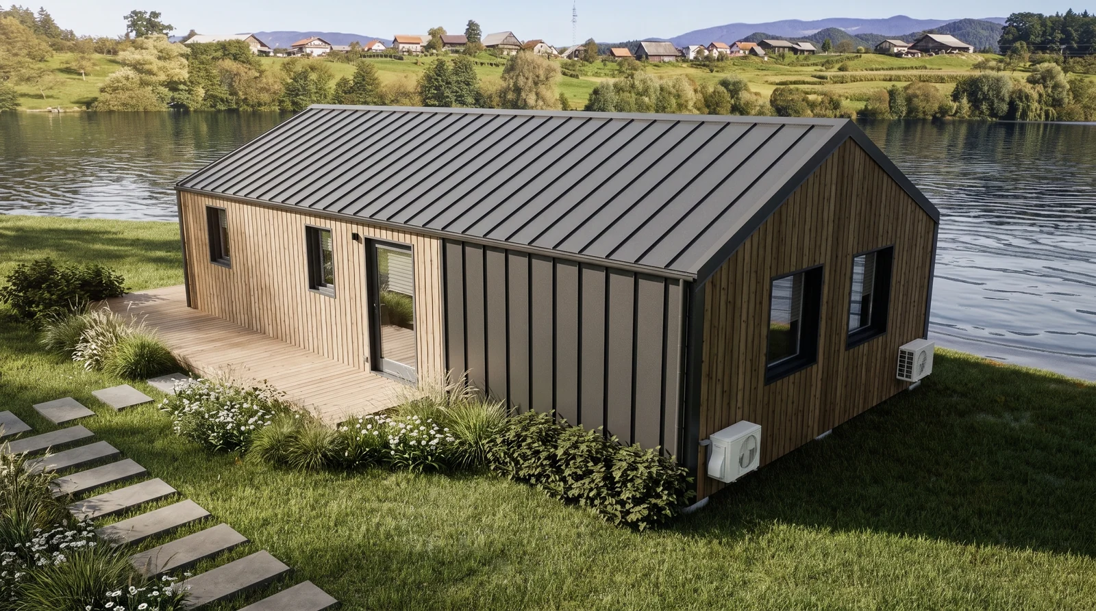 Eingangsseite des Evergreen XL mit Gartenweg und niedriger Terrasse als Konzeptvisualisierung