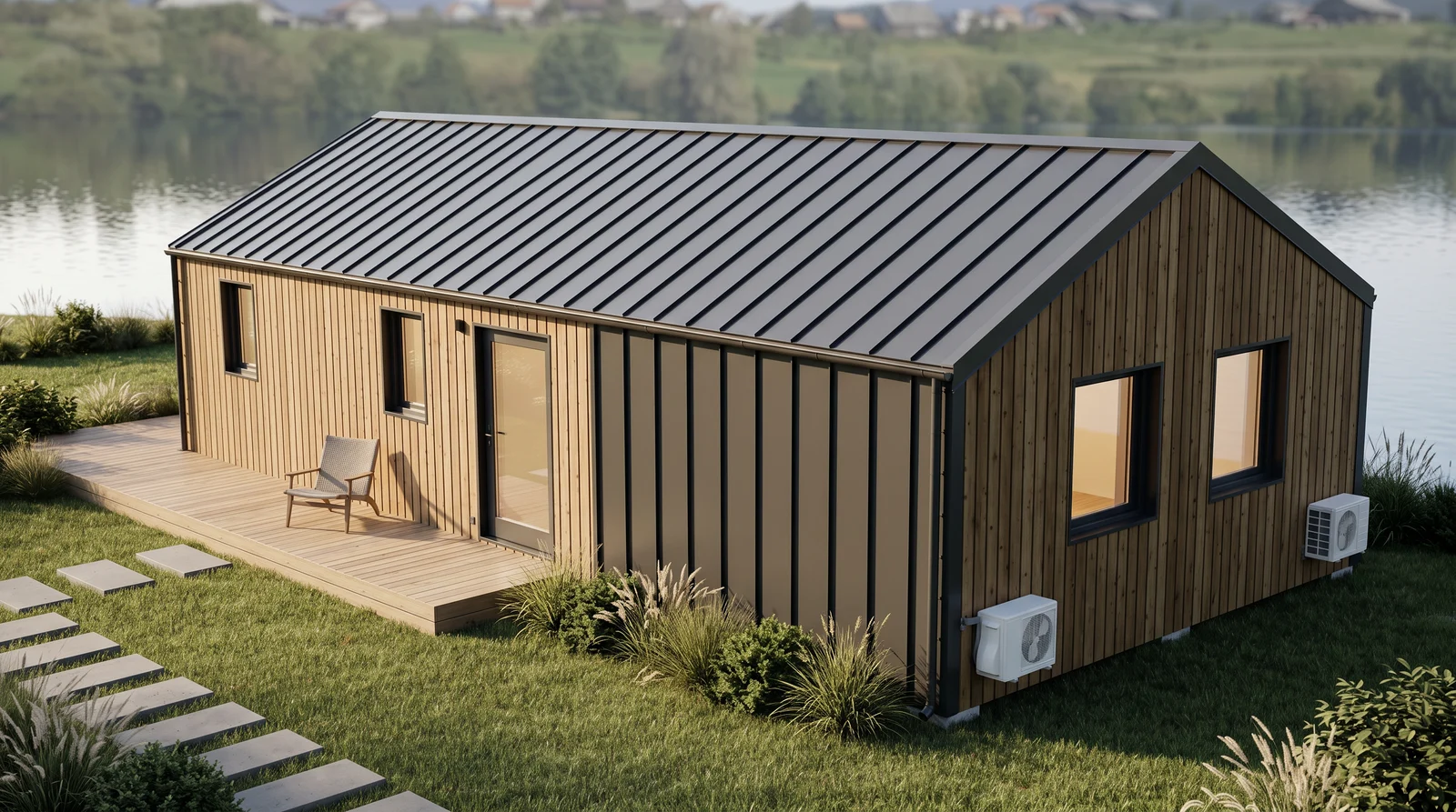 Evergreen XL am See mit Holzfassade, anthrazitfarbenem Satteldach und niedriger Eingangsterrasse.