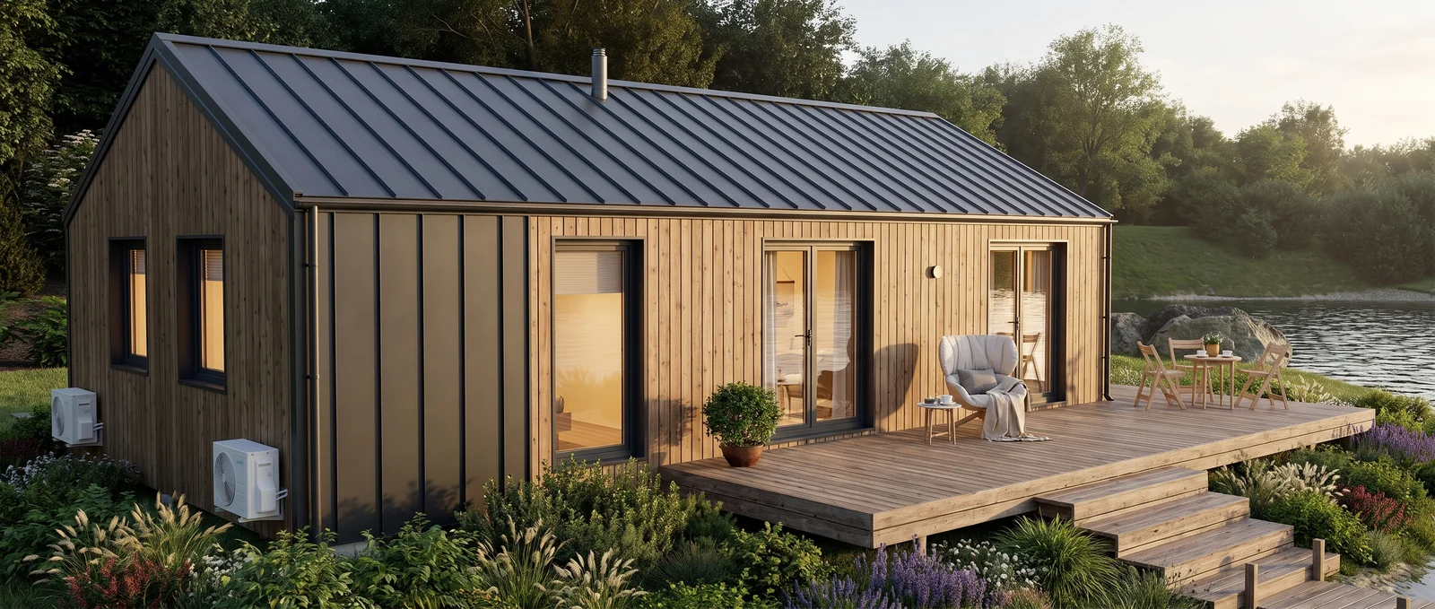 Evergreen XL mit offener Terrasse und drei bodentiefen Öffnungen im Abendlicht