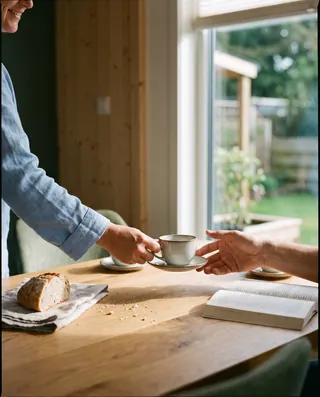 Hände reichen eine Kaffeetasse über den Holztisch am Fenster im Evergreen Essbereich