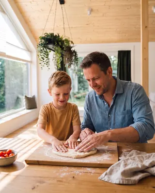 Vater und Kind rollen gemeinsam Teig am Holztisch neben dem großen Fenster im Evergreen aus