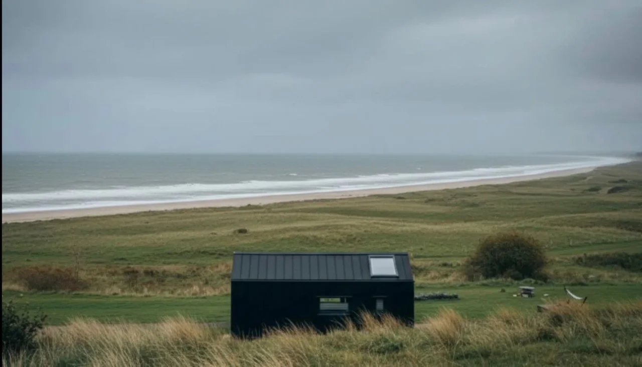 Kleines Haus oberhalb eines weiten Sandstrands