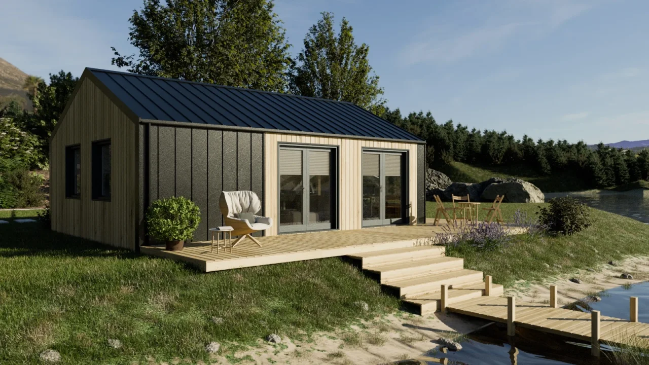 Evergreen mit Holzfassade und offener Terrasse am Wasser