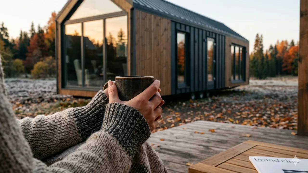 Hände mit einer Tasse vor einem kompakten Holzhaus